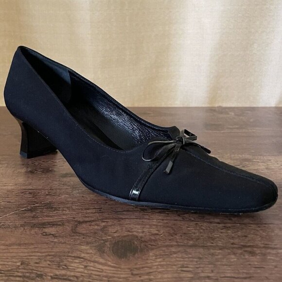 Vintage Van Eli Womens Pump Sz 8N Black Square Toe Bow Spool Heel Preppy Classic - Picture 2 of 8